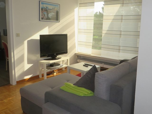 Wohnzimmer - Flach-SAT-TV und Blick zum Fenster